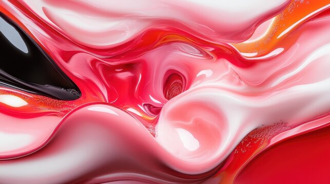Smooth, glossy waves intertwining in vibrant shades of red and white, immersed in an abstract concept representing passion and energy.