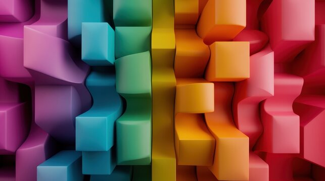 Abstract image showcasing a series of colorful, interlocking geometric blocks creating vibrant, rhythmic visual layers, blending modern design and artistic expression.