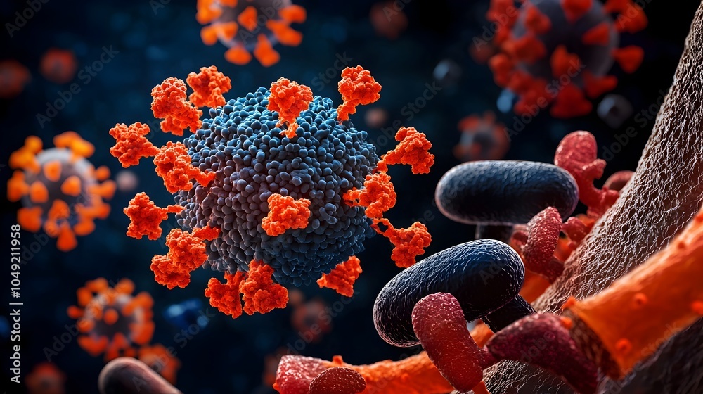 Poster detailed microscopic showcasing the intricate structure and appearance of influenza virus particles 