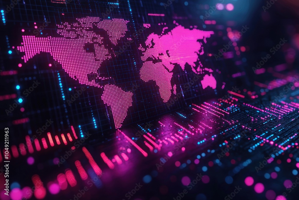 Poster Digital World Map with Pink Illuminated Dots on a Dark Background