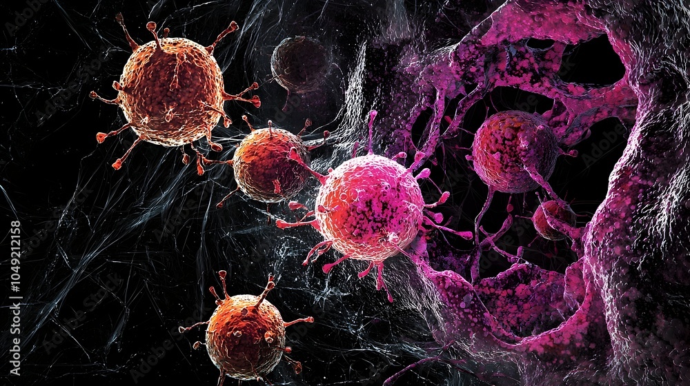 Poster detailed microscopic showcasing the intricate structure and morphology of influenza virus particles 