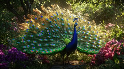 Obraz premium Vibrant Peacock Displaying Colorful Feathers in Nature