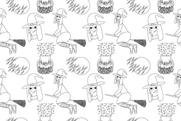 Black and white Halloween-themed coloring page featuring witches, cauldrons, bats, and spooky elements. Great for kids and adult coloring fun.