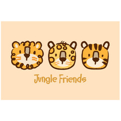Vector illustration of lion, jaguar and tiger. Cartoon, childish style art. Drawing in stripped lines.
