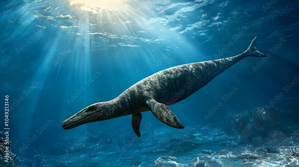 Poster Detailed view of a well preserved plesiosaur fossil with its distinctive elongated neck and flipper like limbs visible in an underwater ocean setting