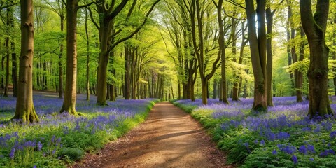 Naklejka premium panoramic view of woodland path in England during spring or summer with trees and bluebells