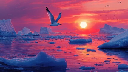 Arctic Tern in Flight Over Icebergs at Sunset