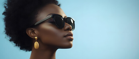 Stylish Woman Wearing Sunglasses and Earrings Against a Blue Background, Stylish Woman Wearing Sunglasses and Earrings Against a Blue Bac