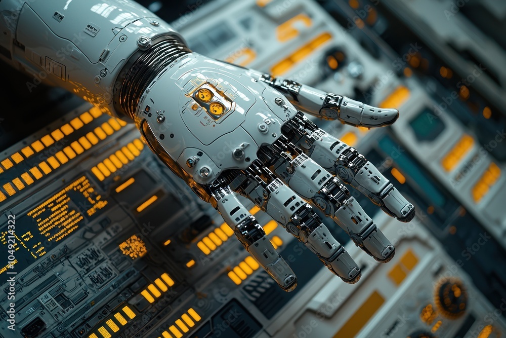 Poster Close-up of a Metallic Robotic Hand with Illuminated Controls