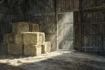 Rustic Barn Interior with Stacked Hay Bales