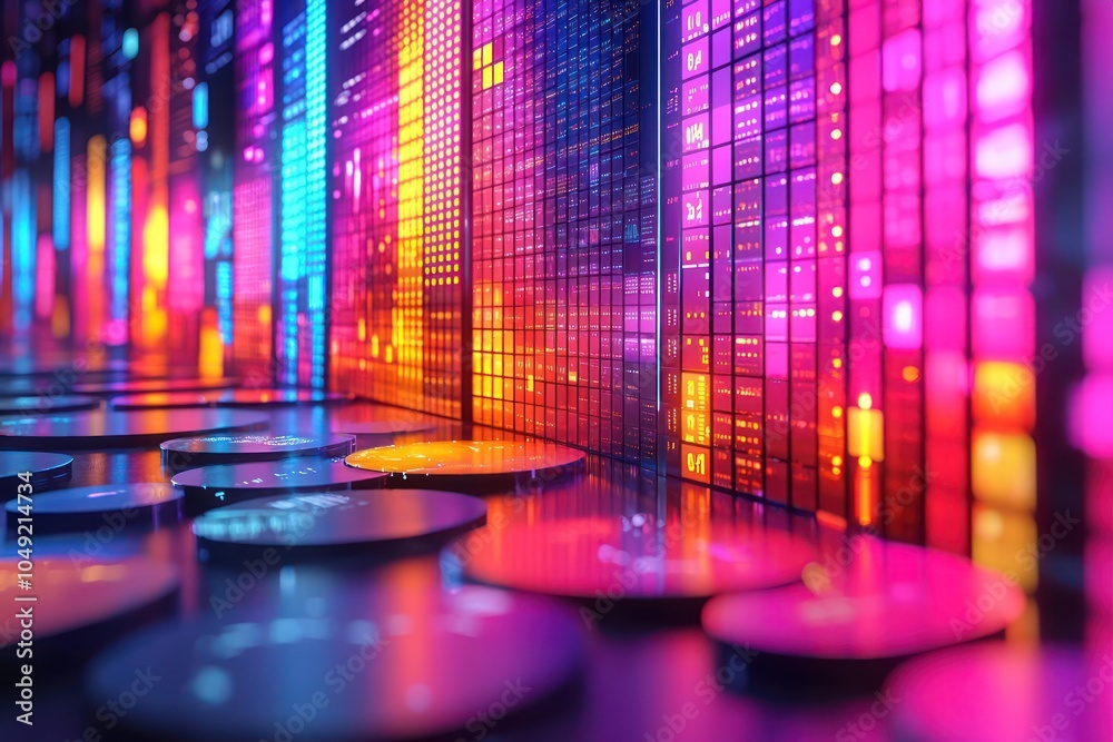 Poster Abstract Colorful Neon Lights and Shiny Objects in a Dark Environment