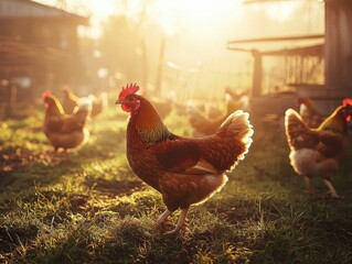 Chickens Roaming Freely in Earthy Farmyard Light