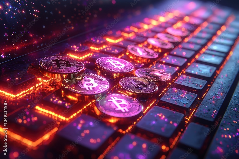 Poster bitcoin coins on a glowing keyboard