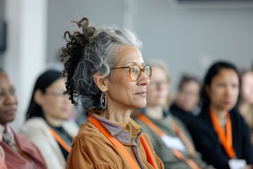 Fototapeta premium A woman with glasses and a gold hoop earring sits in a room with other people. Generative AI