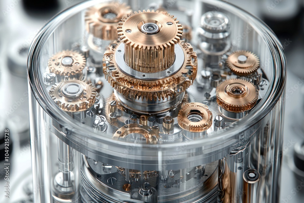 Poster closeup of intricate gold and silver gears inside transparent mechanism