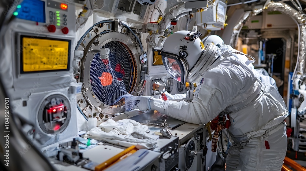 Aufkleber engineers testing innovative zero gravity space debris cleanup nets in a simulated aerospace environ