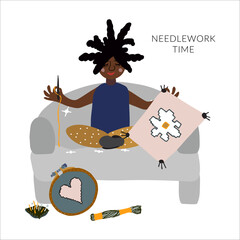 Girl afro sew embroidery needlework vector artwork