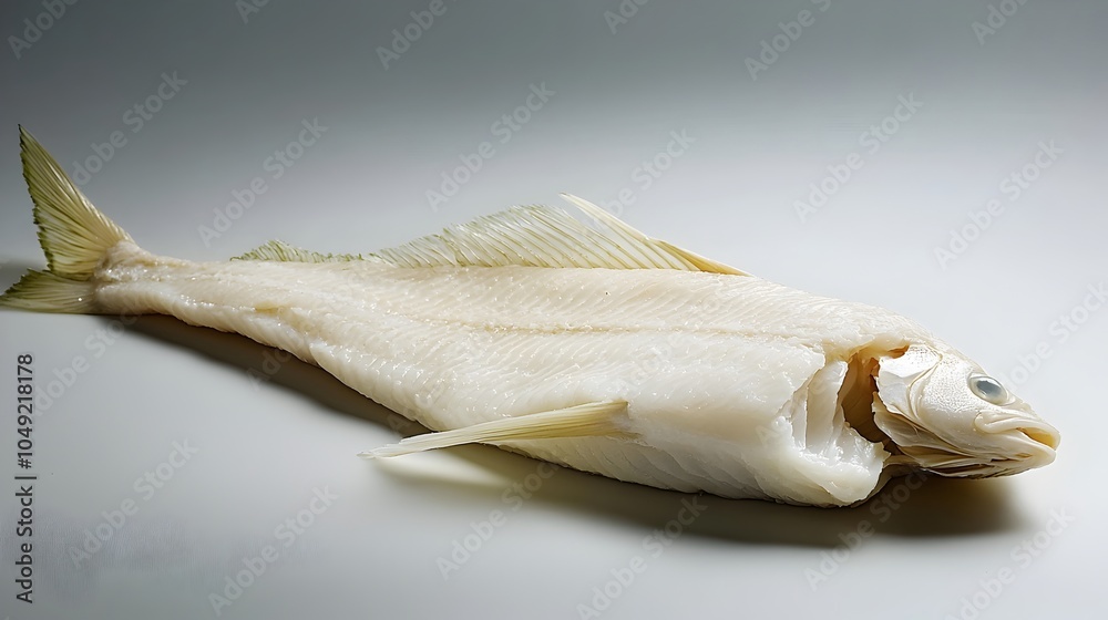 Poster Exquisite whole haddock fish with a soft serene reflection on a clean minimalist white background showcasing the natural beauty and freshness of this premium seafood delicacy