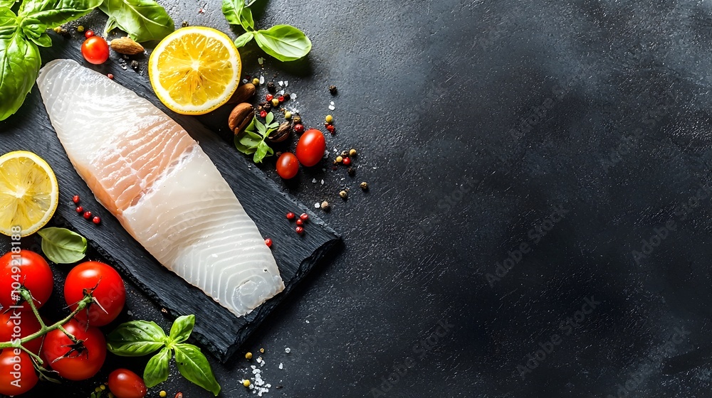 Poster exquisite raw bass fillet positioned slightly tilted on a simple minimalist surface showcasing its f