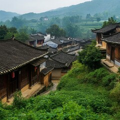 Scenic Forested East Asian Hillside Village