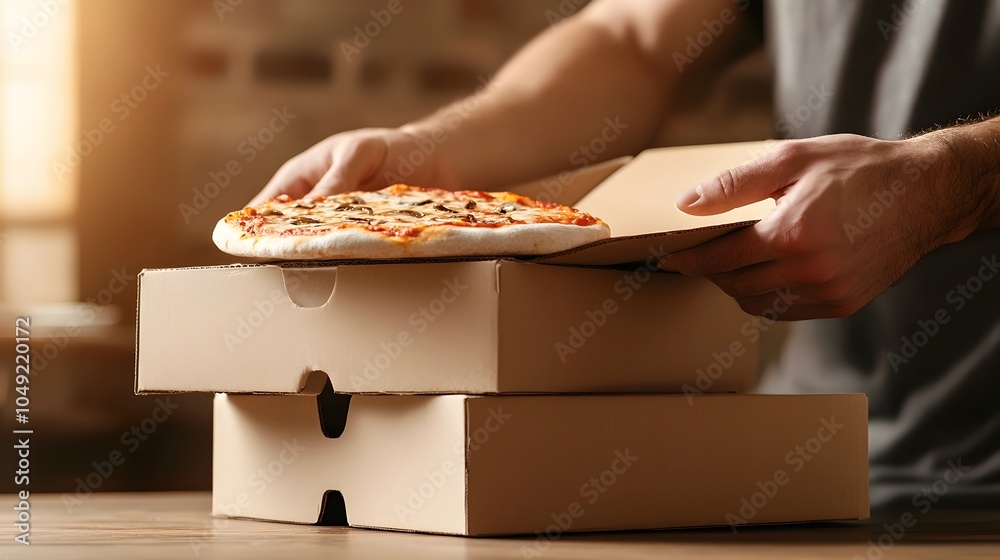 Poster Folded cardboard pizza boxes neatly stacked and ready for efficient packaging and delivery of fresh hot meals from a restaurant or food service business