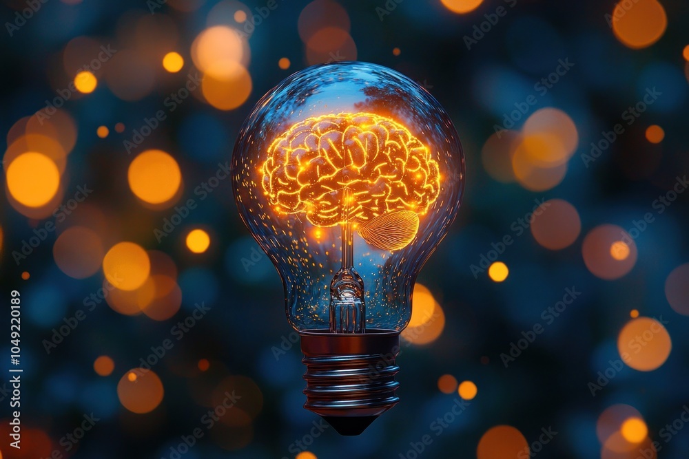 Poster a glowing light bulb with a brain inside, illuminating the dark background