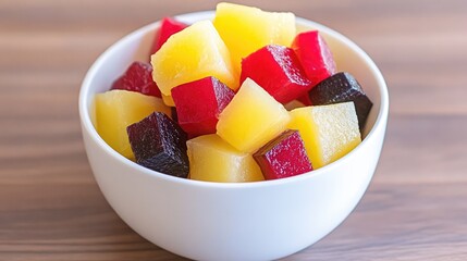 Colorful Cubes of Fresh Fruit in a White Bowl