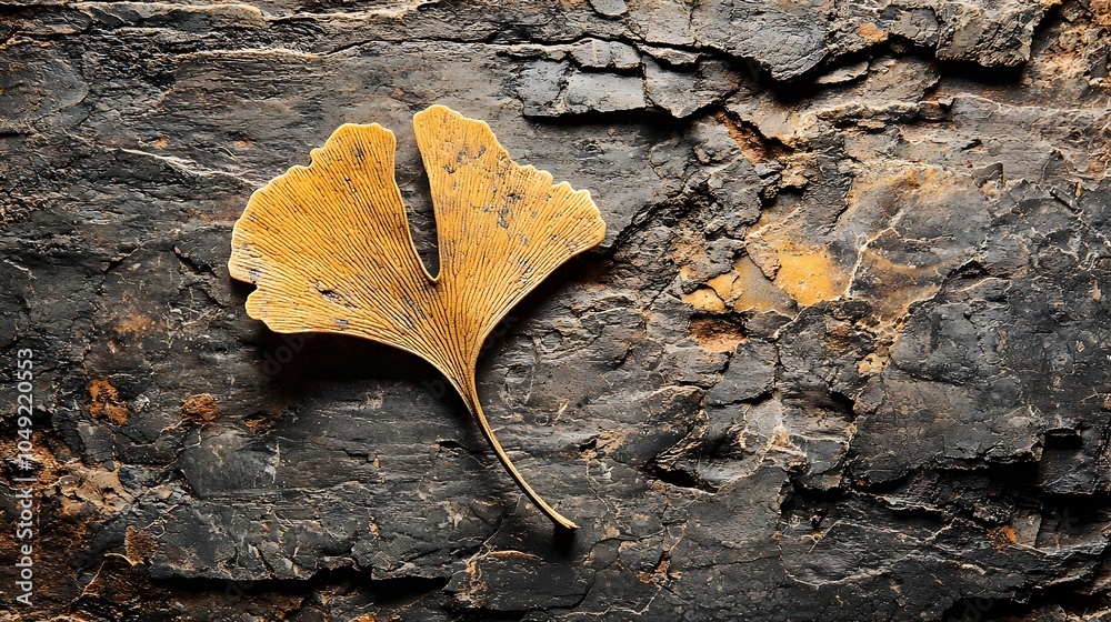 Poster fossilized ginkgo leaf specimen laid flat on a clean minimalist studio background this ancient prese