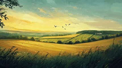 Obraz premium Patchwork of Green and Golden Fields Under a Bright Sky