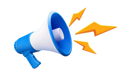 3D Blue megaphone and flash lightnings. Special offer. Social media promotion. Marketing time concept. Loudspeaker or speaker object. Realistic design emoji icon. 3D Vector illustration 