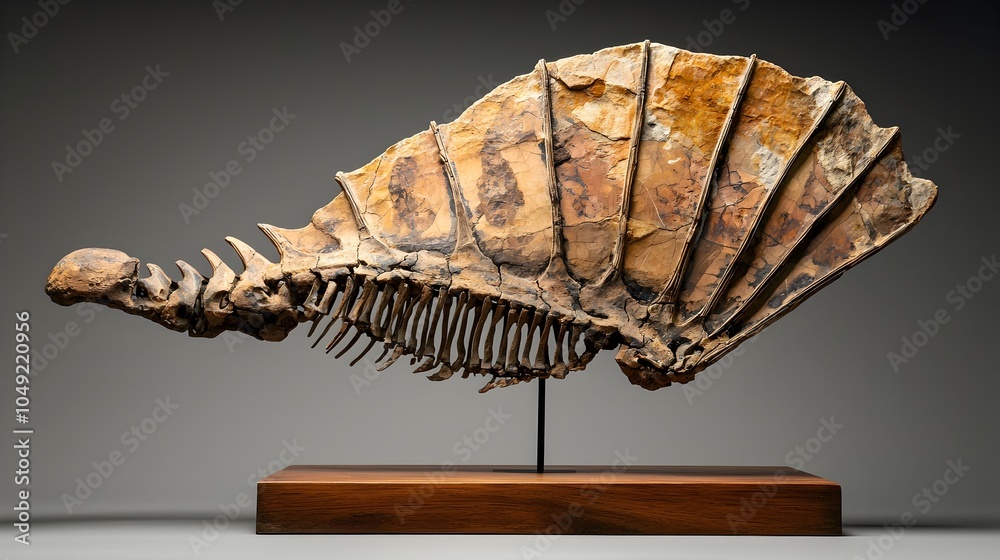 Poster fossilized spine sail of the prehistoric dimetrodon reptile displayed vertically in an educational m