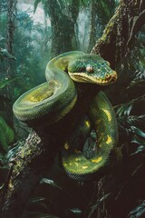Obraz premium Vibrant Green Python Coiled on Tree Branch