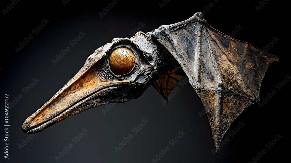 Poster fossilized prehistoric pterosaur skeleton with elongated beak and well preserved wing bones discover