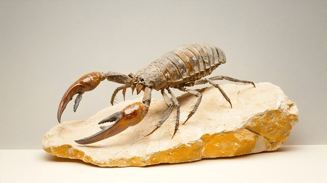 Fossilized full body specimen of an ancient Eurypterid a prehistoric sea scorpion displayed in a natural history museum exhibit