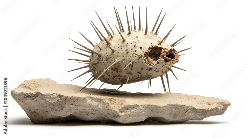 Aufkleber fossilized sea urchin with slightly eroded spikes revealing the intricate texture and pattern of thi