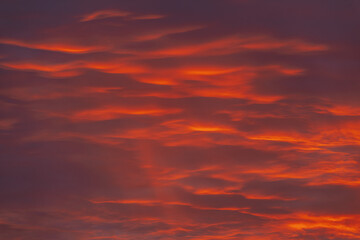 Fototapeta premium A vibrant, fiery sky with rich red and orange clouds, capturing the dramatic beauty of a sunset. The gradient of colors creates a warm, atmospheric scene.