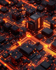 Fototapeta premium High-Tech Circuit Board Illuminated with Neon Orange Lights Showcasing Modern Microchips and Electrical Paths in Futuristic Technology-Inspired Environment