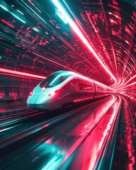 Fototapeta premium Sleek High-Speed Train in a Neon Tunnel