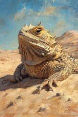 Fototapeta premium Horned Lizard Basking on Desert Sand