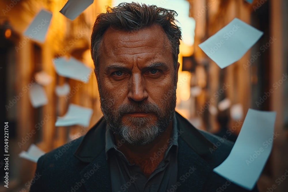 Poster portrait of a man with papers falling around him