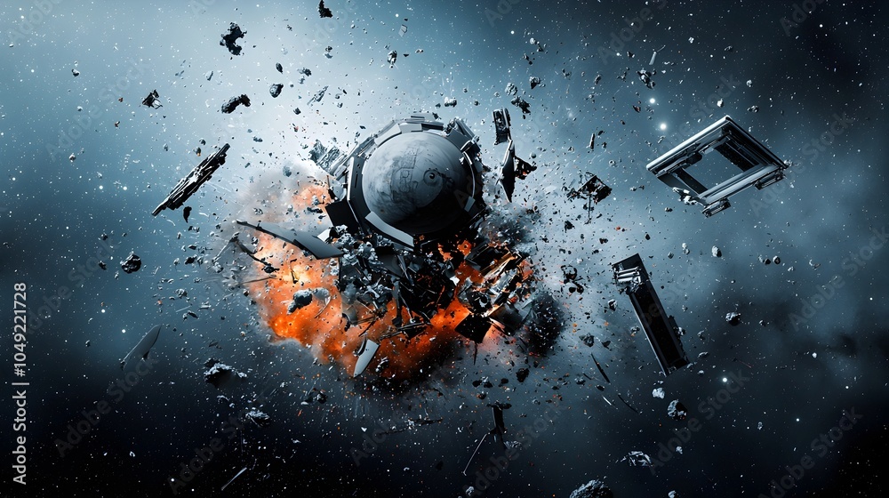 Poster fragments of a destroyed satellite drifting through the orbital environment of space after a catastr