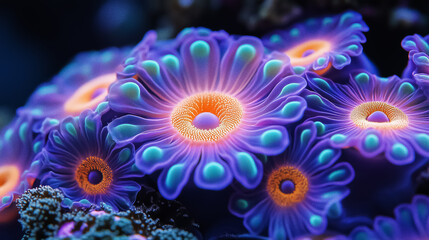 Vibrant underwater coral flowers in glowing colors, perfect for aquarium decor, wall art, posters, and tranquil backgrounds enhancing marine-themed designs.