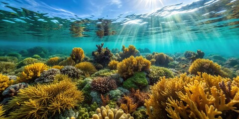 Obraz premium Coral reef ecosystem with seaweed and seagrass background, marine plants, sea creatures, aquatic vegetation, ocean life, seaweed