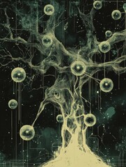 Obraz premium Enigmatic Surreal Tree with Ethereal Spheres Floating in Cosmic Space, Mystical Abstract Digital Art Depicting Nature, Magic, Fantasy, Mystical Forest
