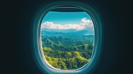 Scenic View from Airplane Window Over Green Mountains