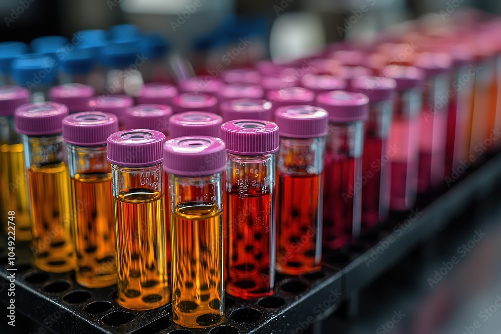 Poster close-up of test tubes in a rack with colored liquids