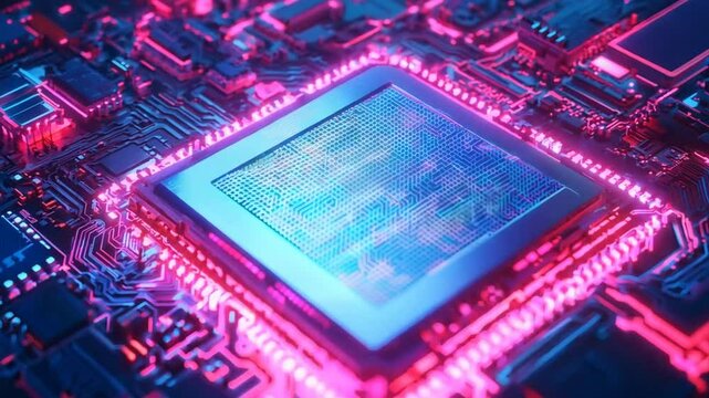 The Heart of Innovation: A close-up, abstract image of a computer chip, glowing with vibrant neon lights, symbolizing the raw power and complexity of modern technology.  