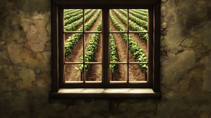 Obraz premium Vineyards View From Rustic Window Frame