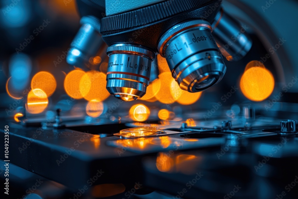 Poster Close-up of Microscope Lenses with Bokeh Background