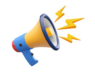 3D Blue megaphone and flash lightnings. Special offer. Social media promotion. Marketing time concept. Loudspeaker or speaker object. Realistic design emoji icon. 3D Vector illustration 